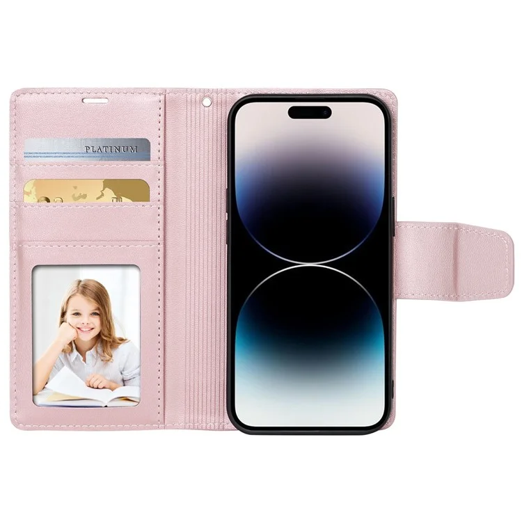 HANMAN Miro2 Series for iPhone 14 Pro PU Leather Wallet Phone Case Magnetic Detachable Stand Flip Cover - Rose Gold