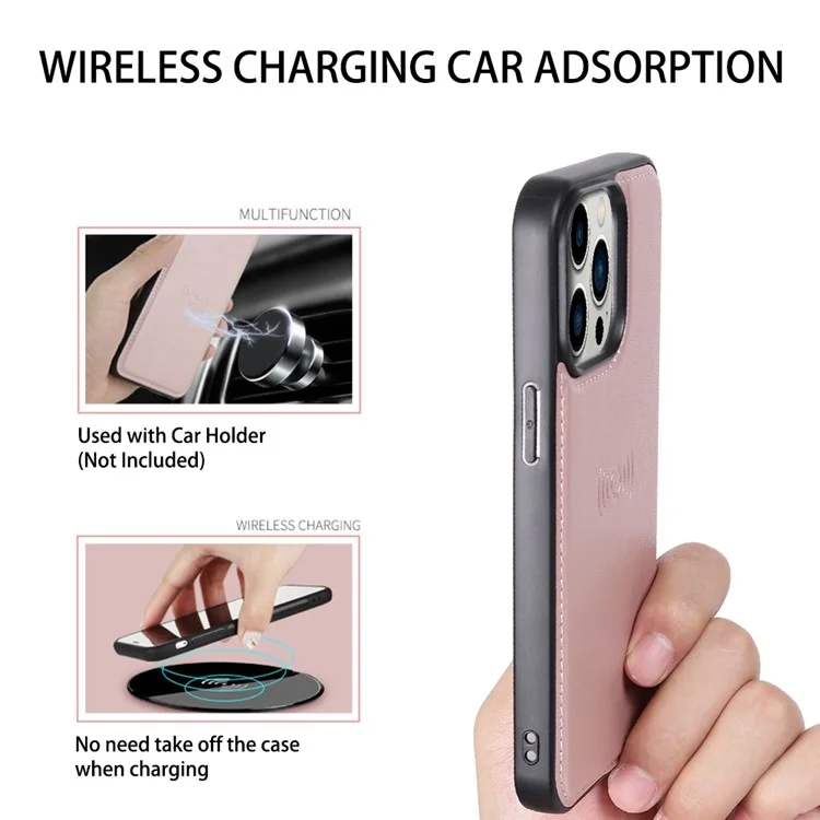 HANMAN Miro2 Series for iPhone 14 Pro PU Leather Wallet Phone Case Magnetic Detachable Stand Flip Cover - Rose Gold