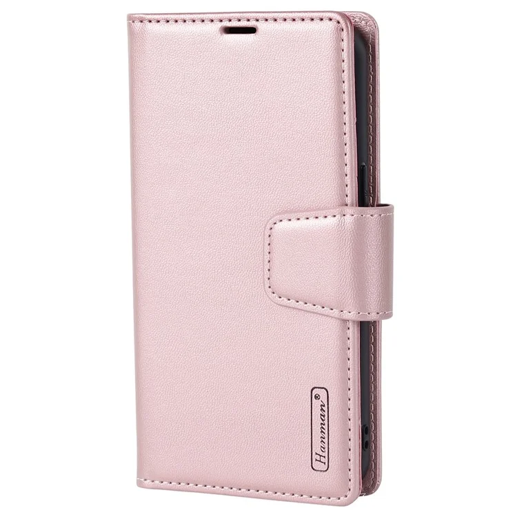 HANMAN Miro2 Series for iPhone 14 Pro PU Leather Wallet Phone Case Magnetic Detachable Stand Flip Cover - Rose Gold