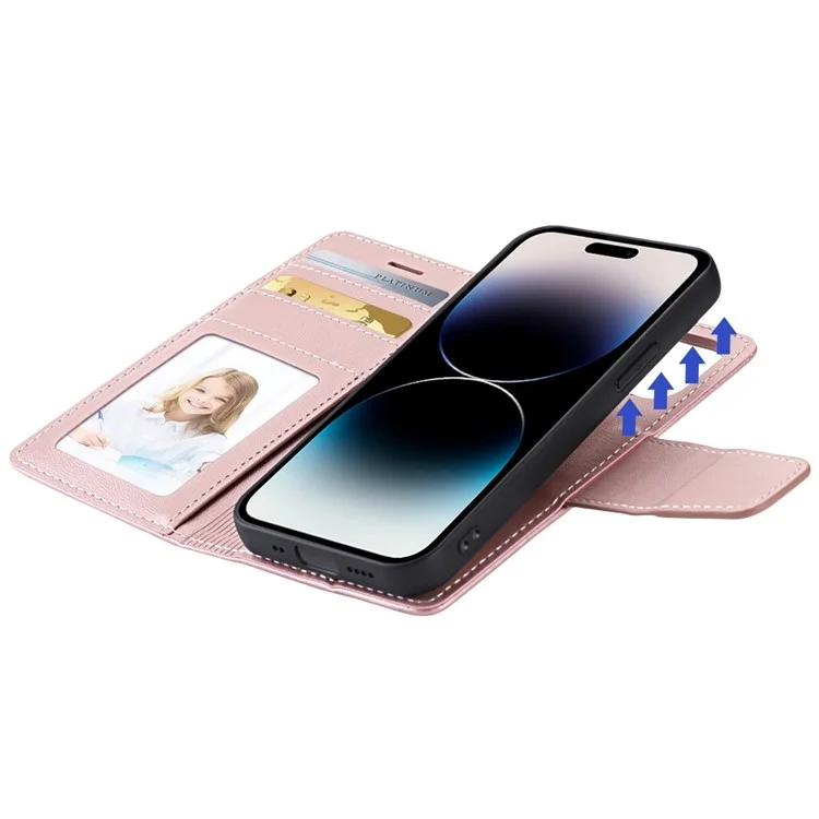 Serie Hanman Miro2 Para Iphone 14 Pro Max PU Leather Stand Billet Case de Billetera Magnética Magnética Nettable - Oro Rosa