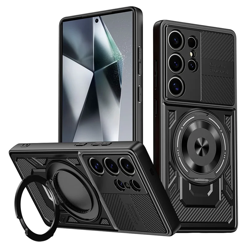 For Samsung Galaxy S25 Ultra Magnetic Case Rotating Kickstand TPU + PC Phone Cover - Black