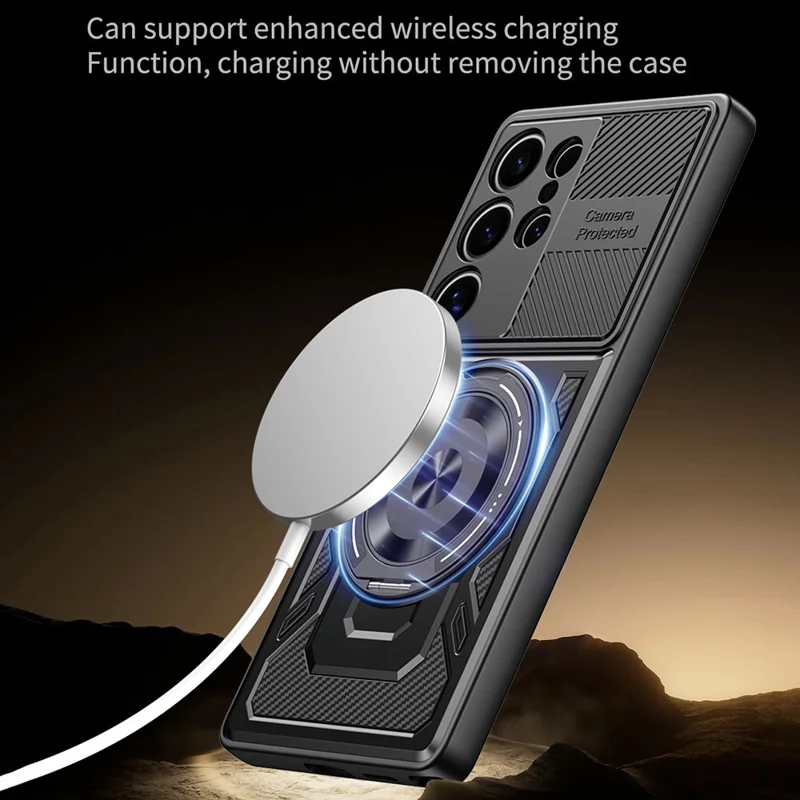For Samsung Galaxy S25 Ultra Magnetic Case Rotating Kickstand TPU + PC Phone Cover - Black