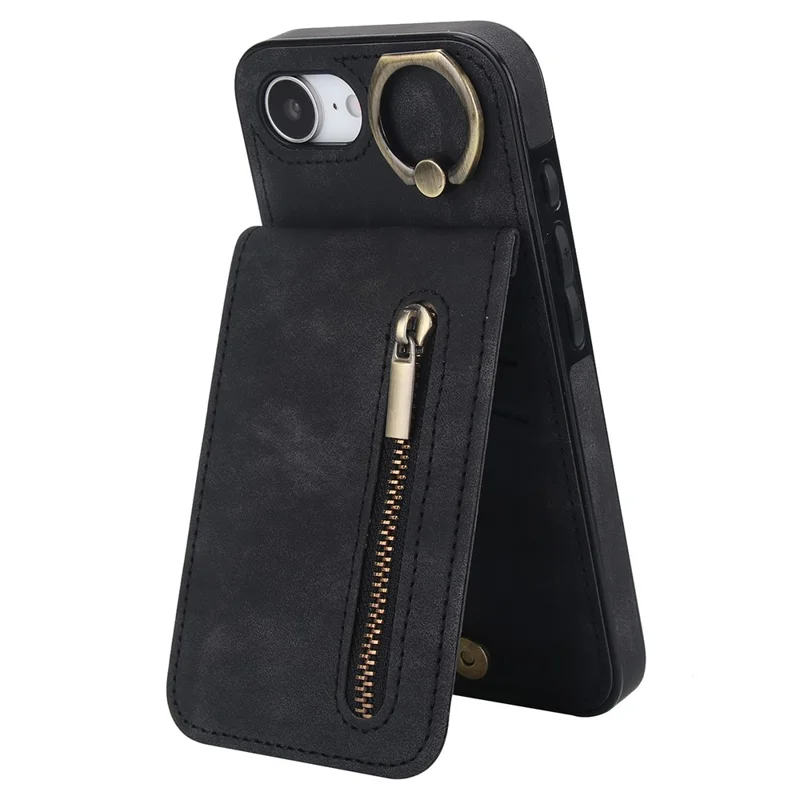 For iPhone 16e Hoesje met Rits RFID-blokkering Retro Leren + TPU Telefoonhoes met Standaard - Zwart