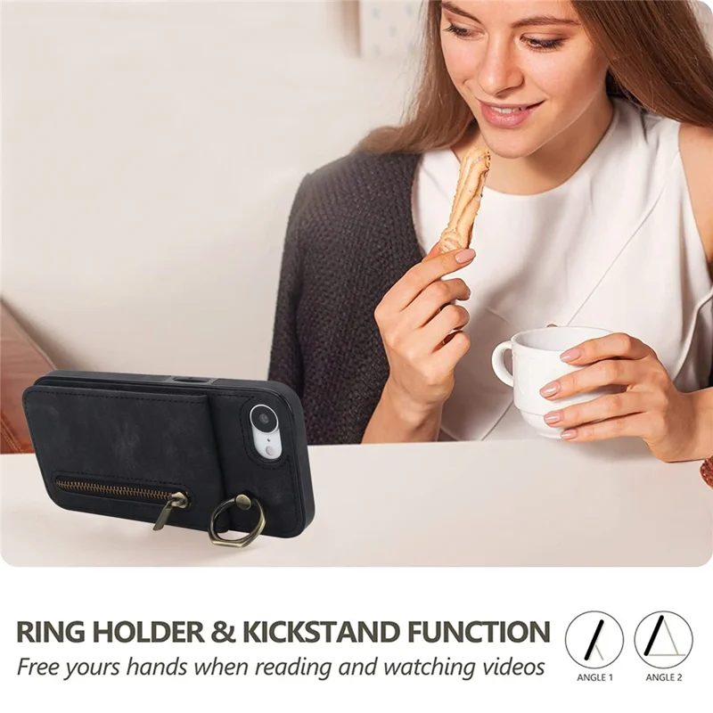 For iPhone 16e Hoesje met Rits RFID-blokkering Retro Leren + TPU Telefoonhoes met Standaard - Zwart