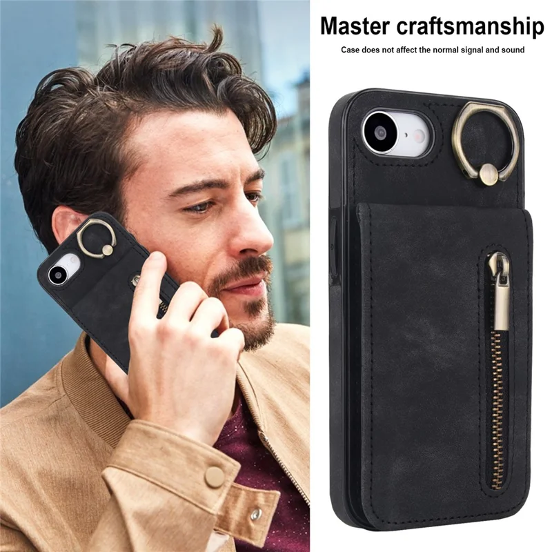 For iPhone 16e Hoesje met Rits RFID-blokkering Retro Leren + TPU Telefoonhoes met Standaard - Zwart
