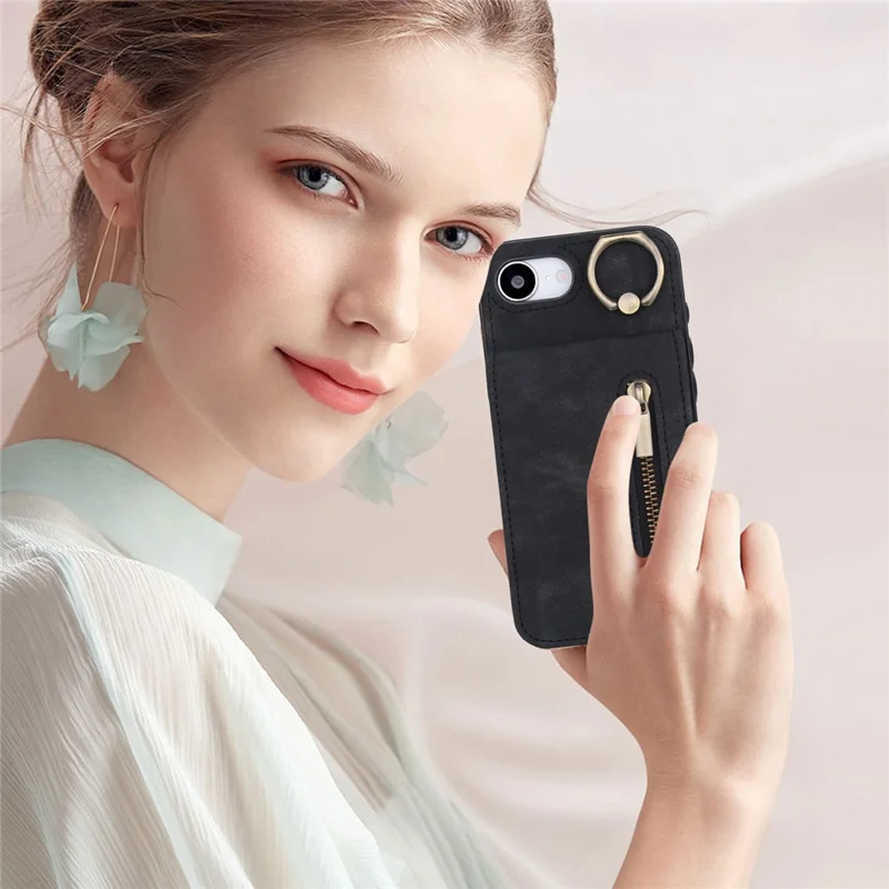 For iPhone 16e Hoesje met Rits RFID-blokkering Retro Leren + TPU Telefoonhoes met Standaard - Zwart