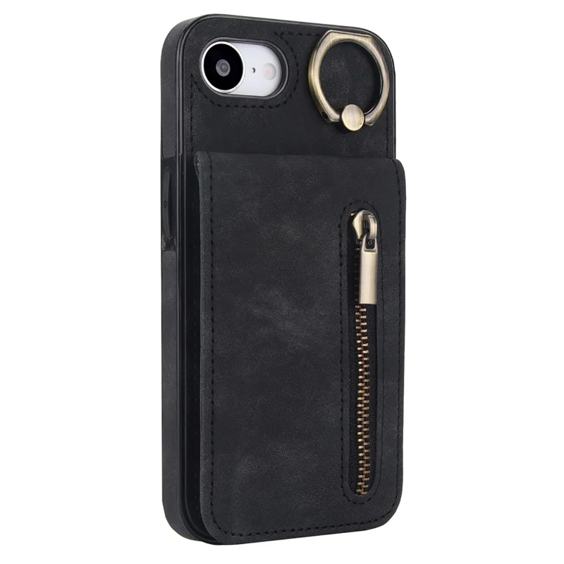 For iPhone 16e Hoesje met Rits RFID-blokkering Retro Leren + TPU Telefoonhoes met Standaard - Zwart