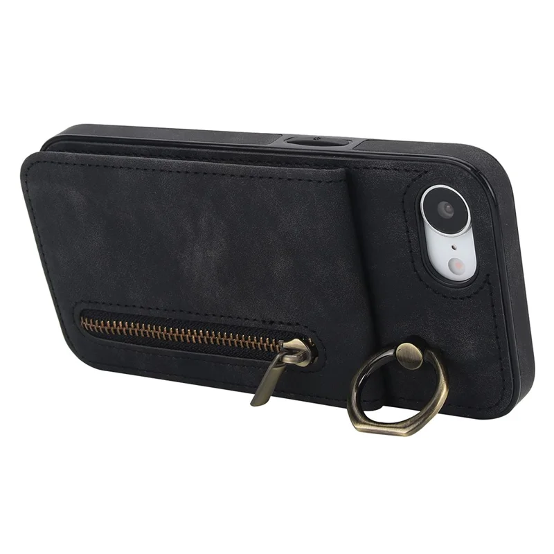 For iPhone 16e Hoesje met Rits RFID-blokkering Retro Leren + TPU Telefoonhoes met Standaard - Zwart