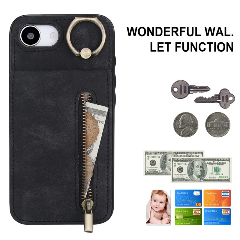 For iPhone 16e Hoesje met Rits RFID-blokkering Retro Leren + TPU Telefoonhoes met Standaard - Zwart
