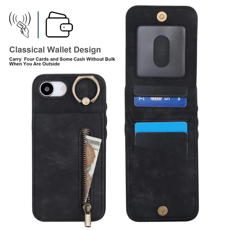 For iPhone 16e Hoesje met Rits RFID-blokkering Retro Leren + TPU Telefoonhoes met Standaard - Zwart