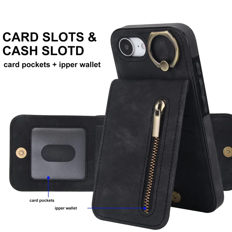 For iPhone 16e Hoesje met Rits RFID-blokkering Retro Leren + TPU Telefoonhoes met Standaard - Zwart