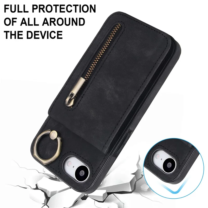 For iPhone 16e Hoesje met Rits RFID-blokkering Retro Leren + TPU Telefoonhoes met Standaard - Zwart