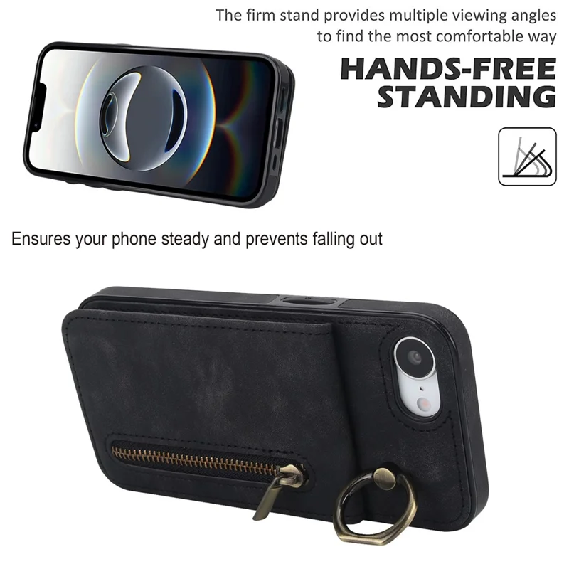 For iPhone 16e Hoesje met Rits RFID-blokkering Retro Leren + TPU Telefoonhoes met Standaard - Zwart