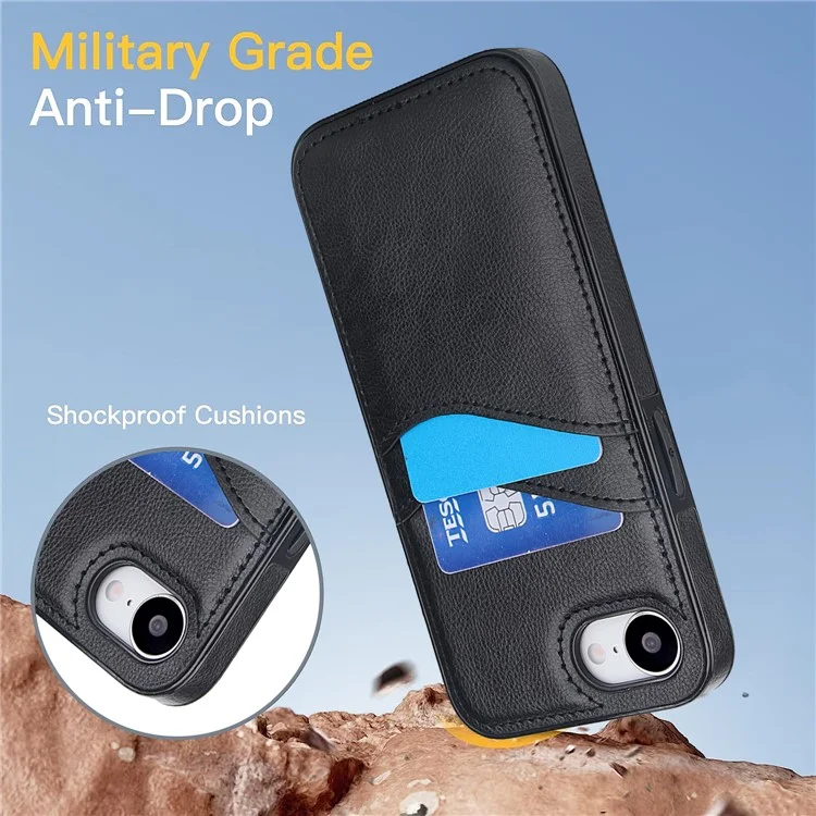 For iPhone 16e Case Card Slot Slim-Fit PU+TPU Mobile Cover - Black