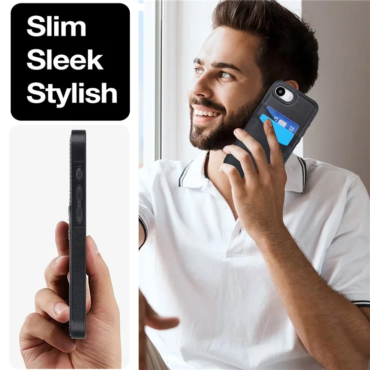 For iPhone 16e Case Card Slot Slim-Fit PU+TPU Mobile Cover - Black