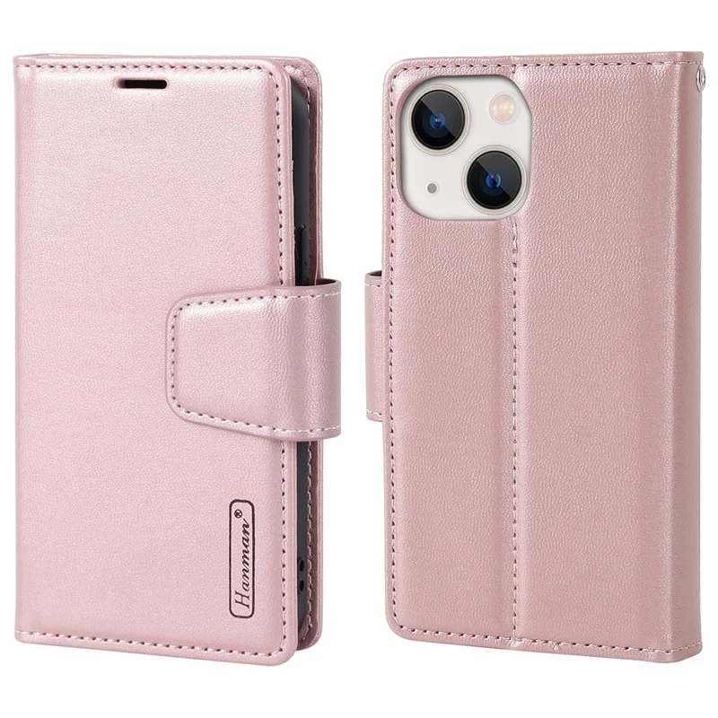 Serie Hanman Miro2 Para Iphone 13 6.1 Pulgadas PU Cuero Case de Billetera 2-en-1 Flip Magnety Stand Telephip Cover - Oro Rosa