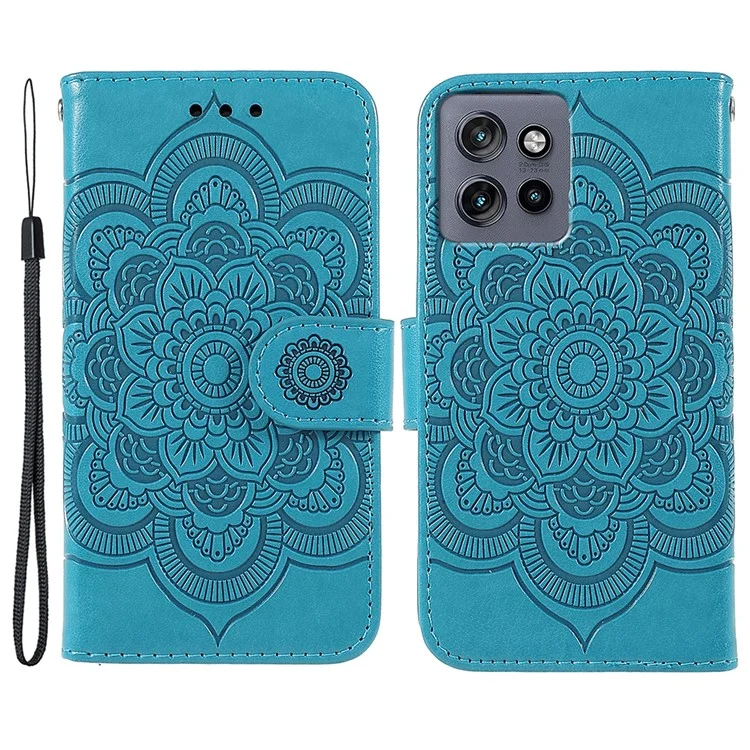 Capa de Celular para Motorola Edge 50 Neo 5G / Moto S50 5G / ThinkPhone 25 5G com Design de Carteira de Couro PU com Estampa Mandala - Azul