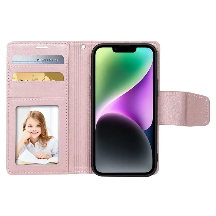 HANMAN Miro2 Series per iPhone 14 PU Leather Folio Flip Wallet Case Supporto Magnetico Cover per Telefono - Rose Gold