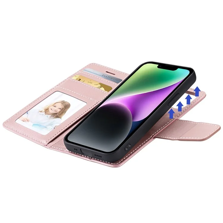 HANMAN Miro2 Series per iPhone 14 PU Leather Folio Flip Wallet Case Supporto Magnetico Cover per Telefono - Rose Gold