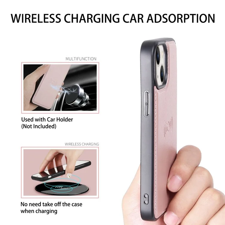HANMAN Miro2 Series per iPhone 14 PU Leather Folio Flip Wallet Case Supporto Magnetico Cover per Telefono - Rose Gold