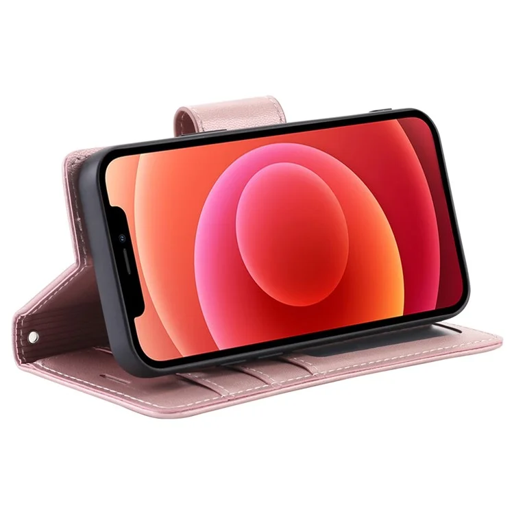 Série Hanman Miro2 Pour Iphone 12 Mini 5,4 Pouces PU en Cuir Support Flip Téléphone Magnétique Détachable Couverture de Portefeuille 2-en-1 - or Rose