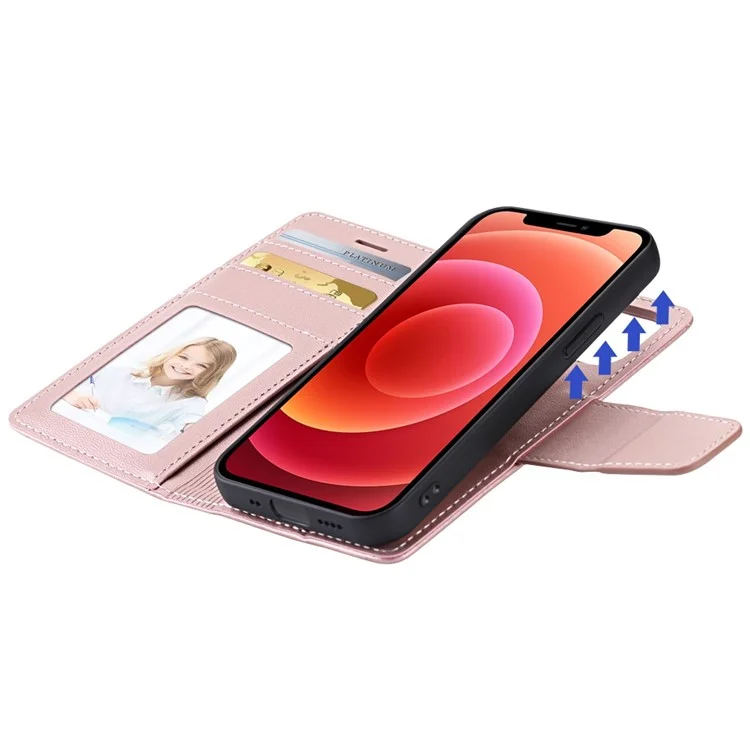 Série Hanman Miro2 Pour Iphone 12 Mini 5,4 Pouces PU en Cuir Support Flip Téléphone Magnétique Détachable Couverture de Portefeuille 2-en-1 - or Rose