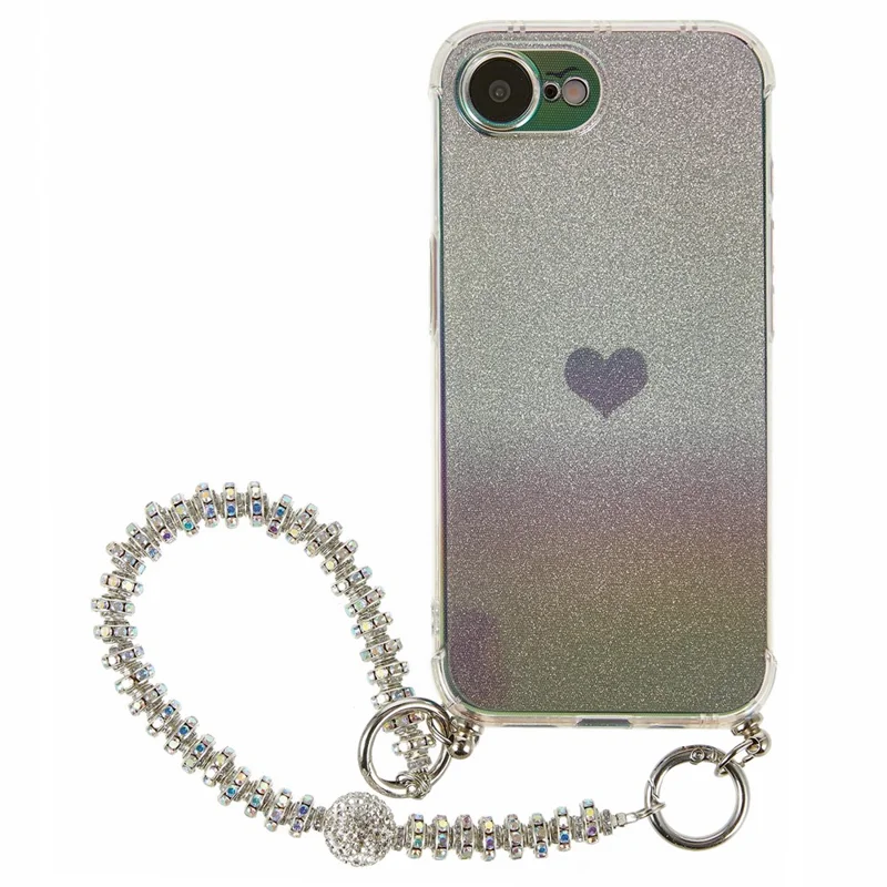 For iPhone 16e Case Heart Glitter Gradient TPU Phone Back Cover with Rhinestones Strap - Fantasy Black