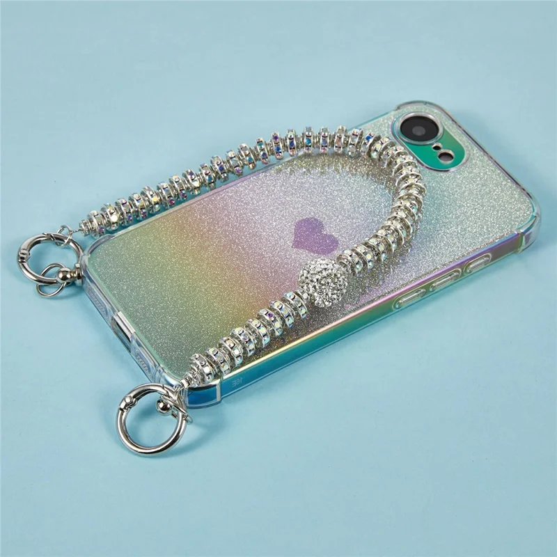 For iPhone 16e Case Heart Glitter Gradient TPU Phone Back Cover with Rhinestones Strap - Fantasy Black
