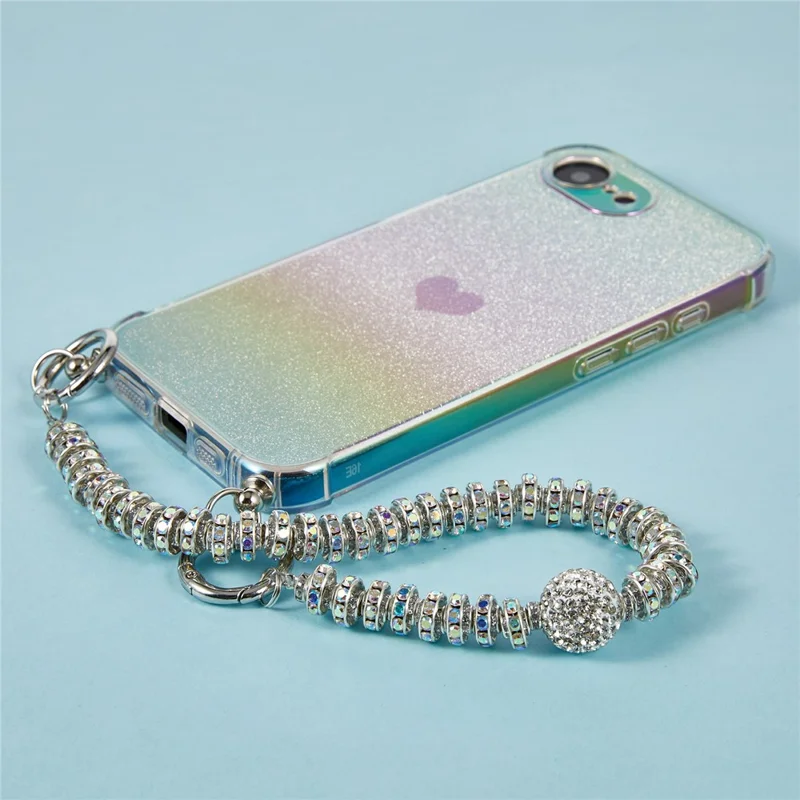 For iPhone 16e Case Heart Glitter Gradient TPU Phone Back Cover with Rhinestones Strap - Fantasy Black