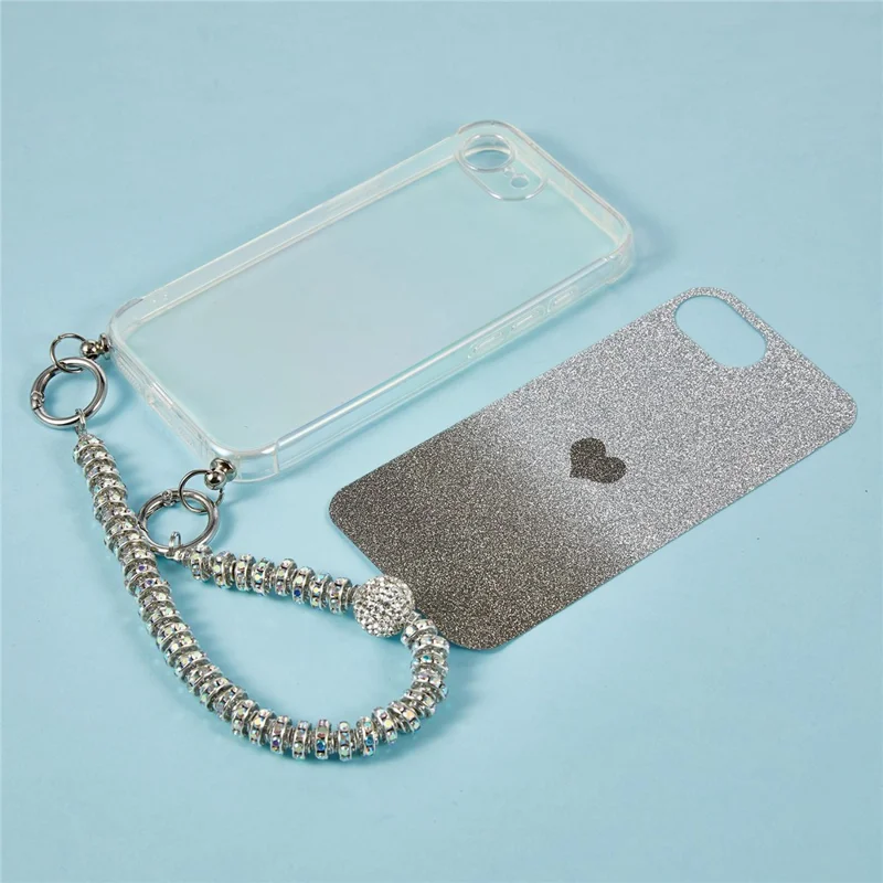For iPhone 16e Case Heart Glitter Gradient TPU Phone Back Cover with Rhinestones Strap - Fantasy Black