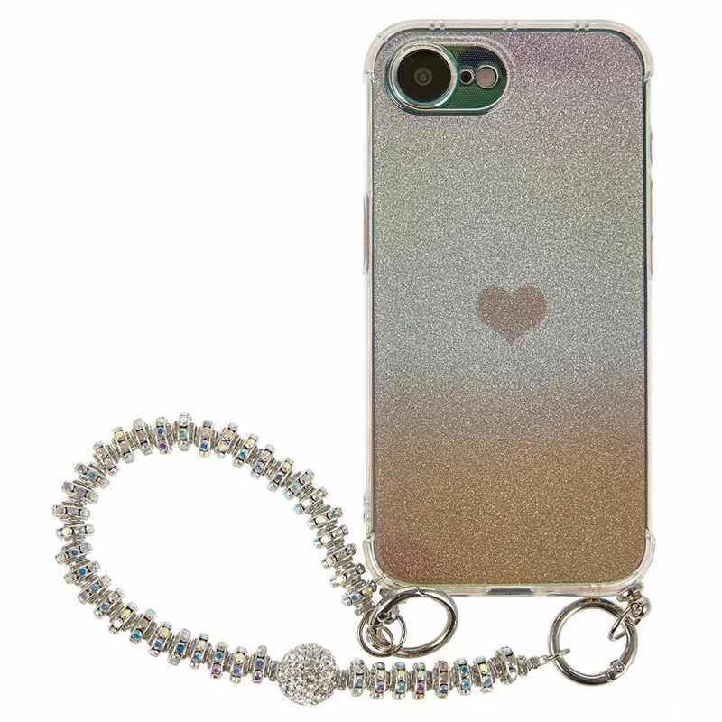 For iPhone 17e / 16e Case Heart Glitter Gradient TPU Phone Back Cover with Rhinestones Strap - Fantasy Gold