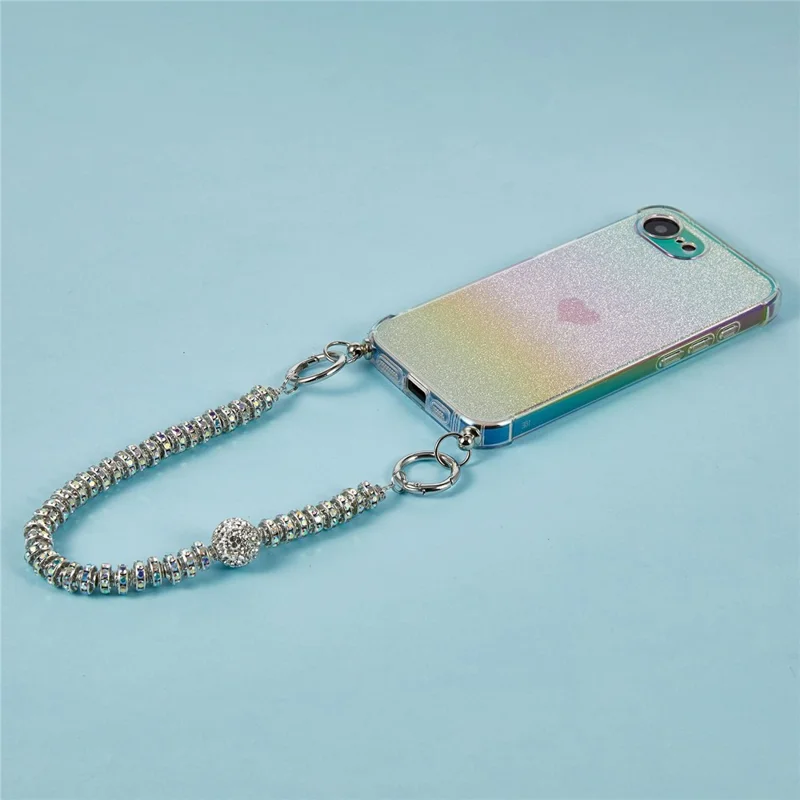 For iPhone 17e / 16e Case Heart Glitter Gradient TPU Phone Back Cover with Rhinestones Strap - Fantasy Gold