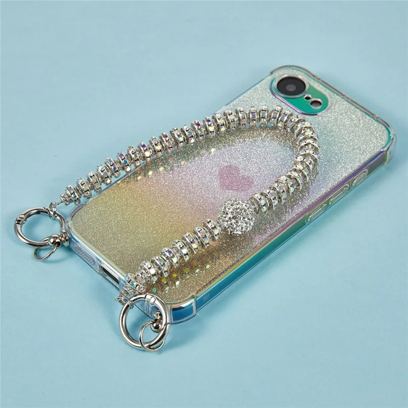 For iPhone 17e / 16e Case Heart Glitter Gradient TPU Phone Back Cover with Rhinestones Strap - Fantasy Gold