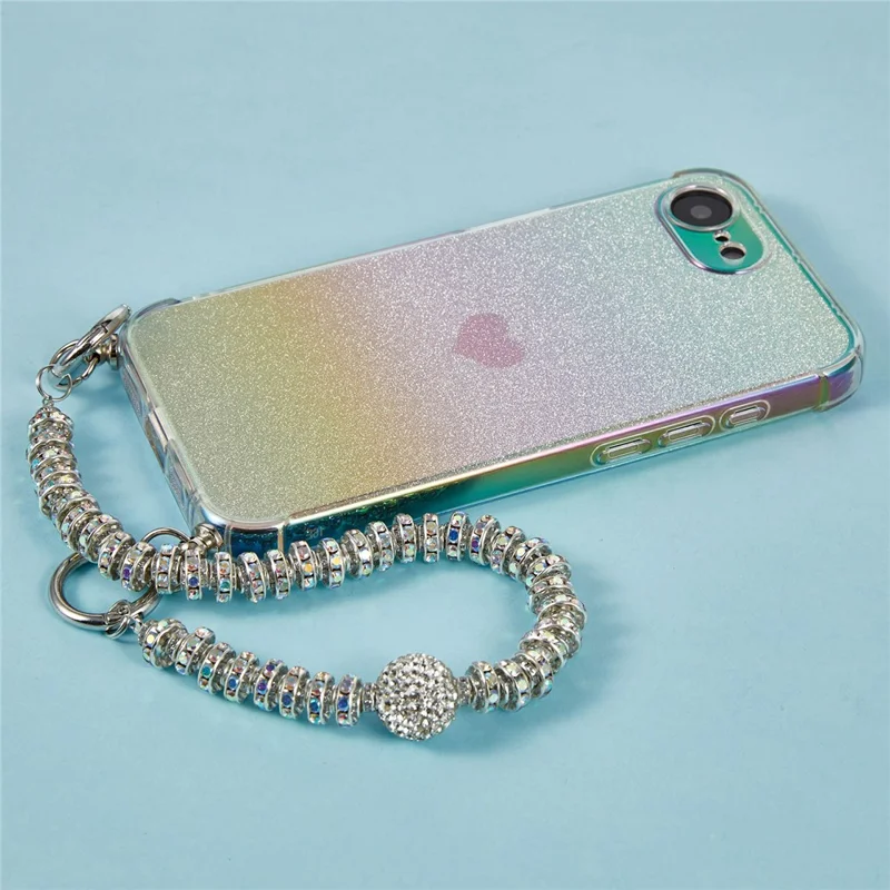For iPhone 17e / 16e Case Heart Glitter Gradient TPU Phone Back Cover with Rhinestones Strap - Fantasy Gold
