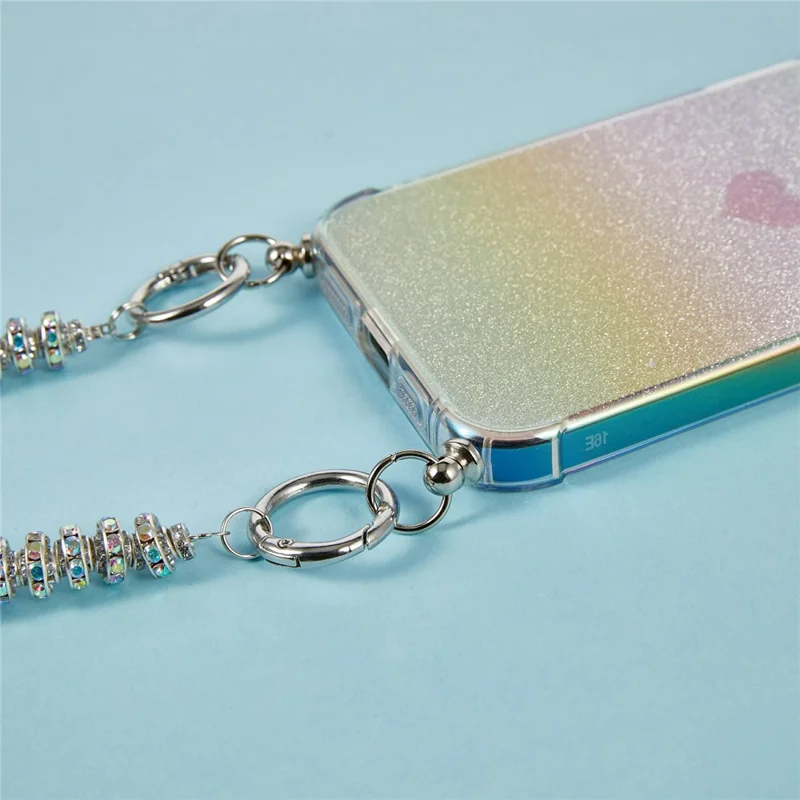 For iPhone 17e / 16e Case Heart Glitter Gradient TPU Phone Back Cover with Rhinestones Strap - Fantasy Gold