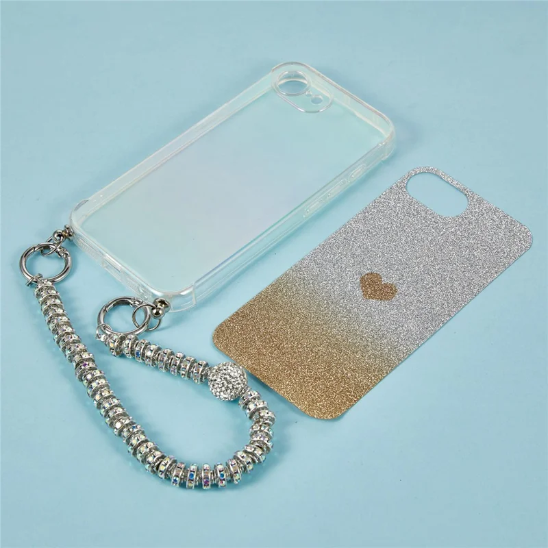 For iPhone 17e / 16e Case Heart Glitter Gradient TPU Phone Back Cover with Rhinestones Strap - Fantasy Gold