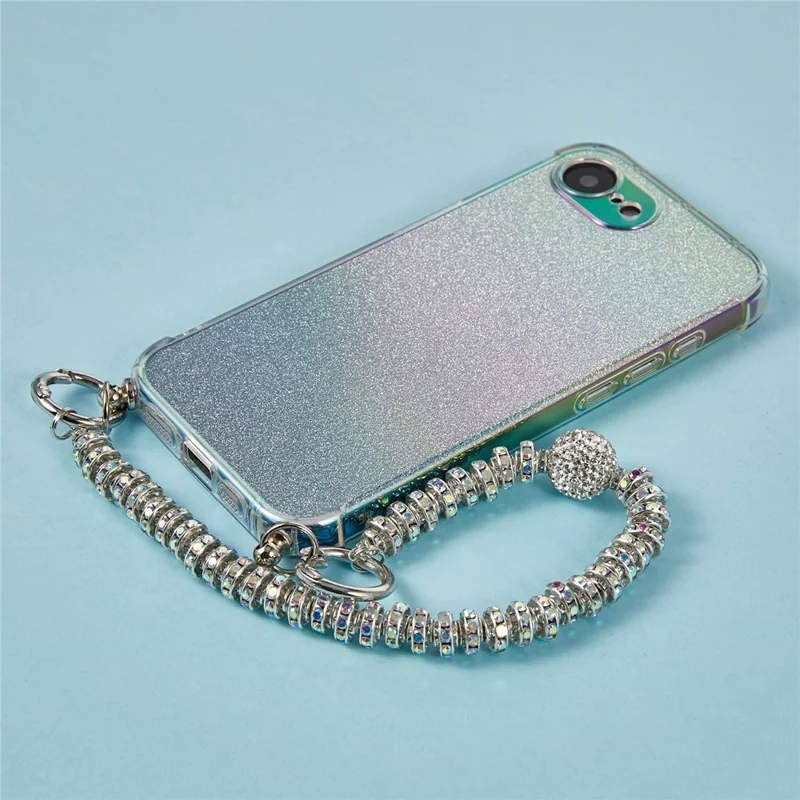 For iPhone 16e Case Gradient Glitter TPU Protective Phone Cover with Wrist Strap - Blue