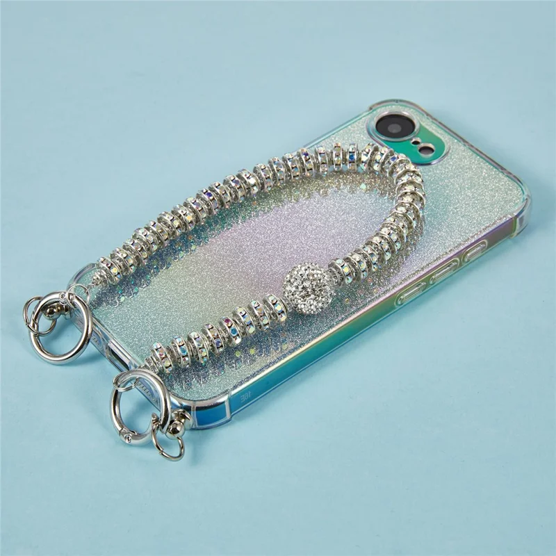 For iPhone 16e Case Gradient Glitter TPU Protective Phone Cover with Wrist Strap - Blue
