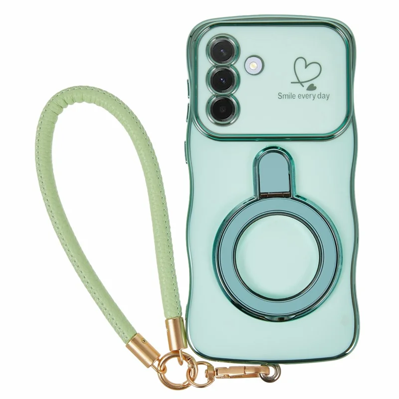 For Samsung Galaxy A56 5G  /  A36 5G Case Kickstand Electroplating Wave Frame Love Printing TPU Back Cover with Hand Strap - Green
