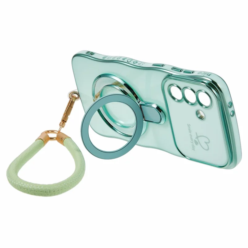 For Samsung Galaxy A56 5G  /  A36 5G Case Kickstand Electroplating Wave Frame Love Printing TPU Back Cover with Hand Strap - Green