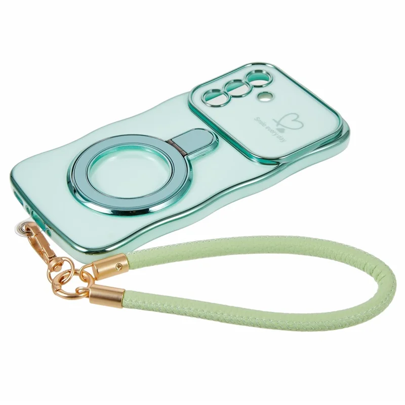 For Samsung Galaxy A56 5G  /  A36 5G Case Kickstand Electroplating Wave Frame Love Printing TPU Back Cover with Hand Strap - Green