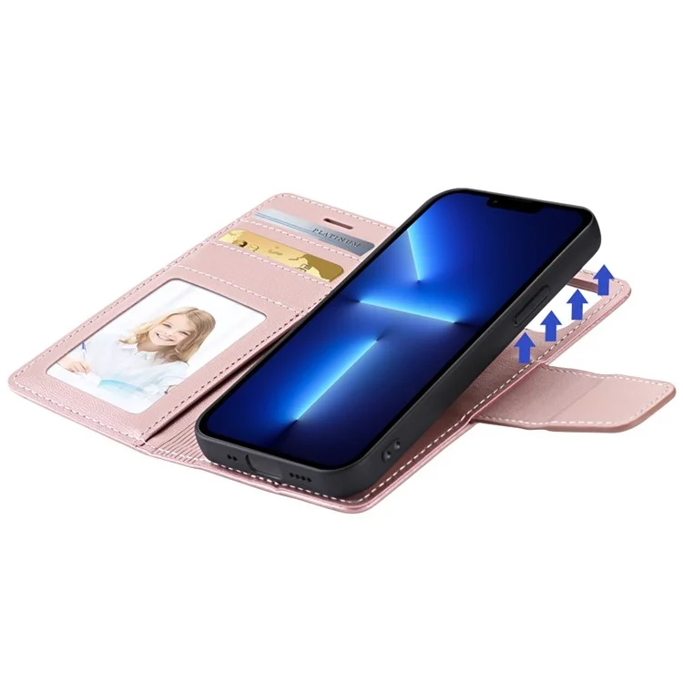 Série Hanman Miro2 Pour Iphone 13 Pro Max 6,7 Pouces Portefeuille Détachable Folio pu Leather Amovible Intérieur Magnétique Tpu Shell Stand de Téléphone Couvercle - or Rose
