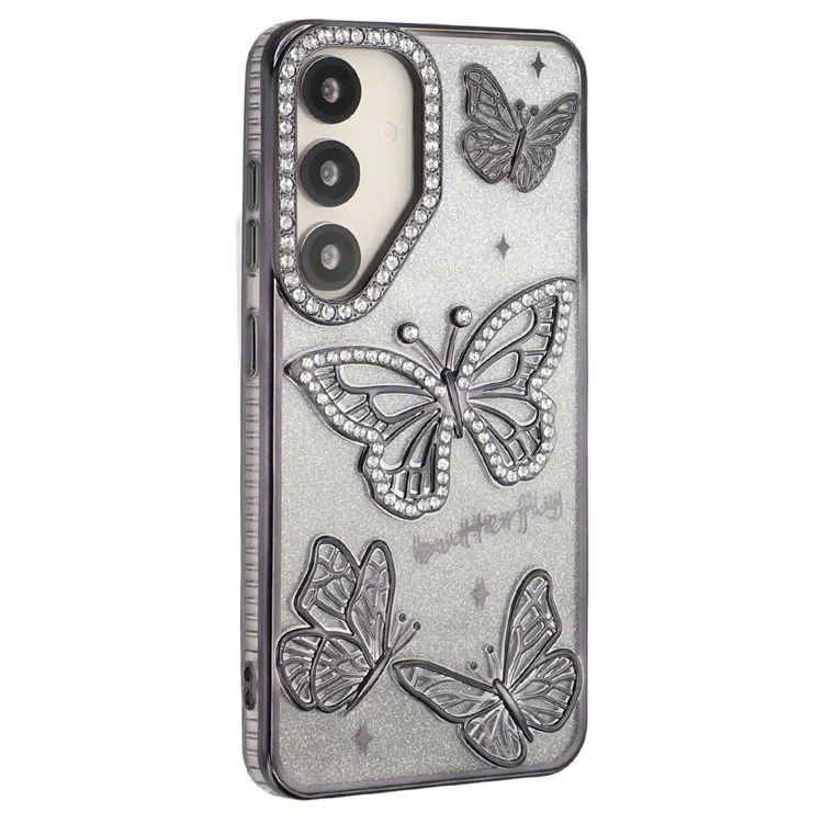 For Samsung Galaxy S25+ / S24+ Case Rhinestones Decor 3D Butterfly TPU Phone Cover with Glitter Paper - Black
