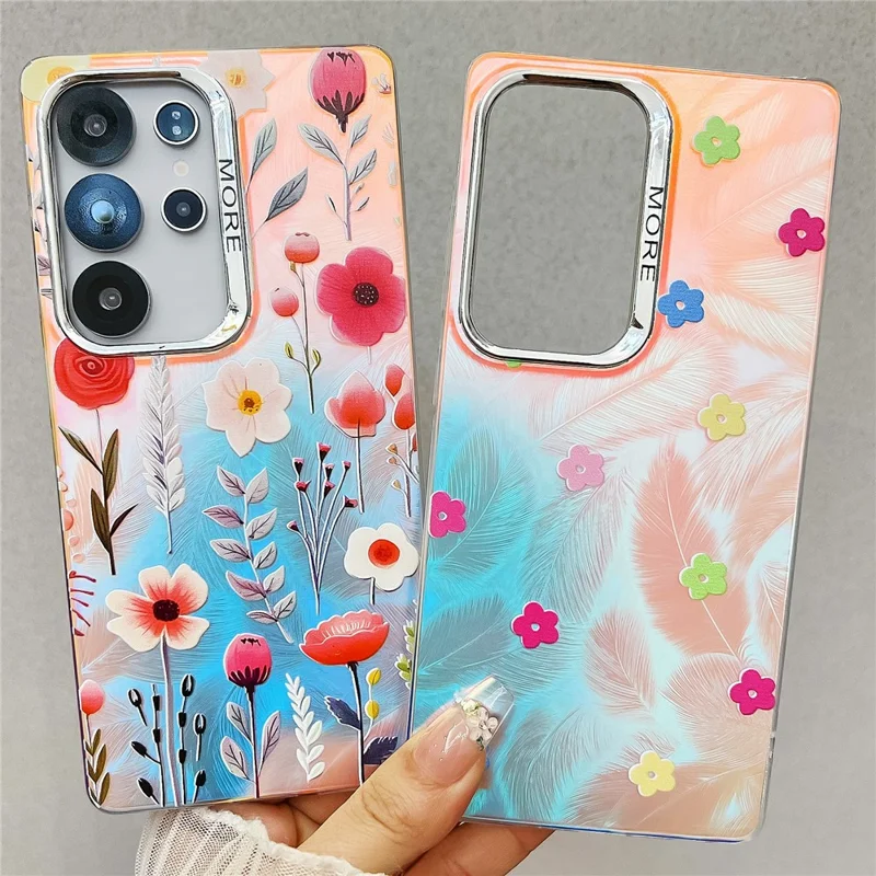 For Samsung Galaxy S25 Ultra Case Floral Pattern Electroplating Laser Texture TPU + PC Phone Back Cover - AF1