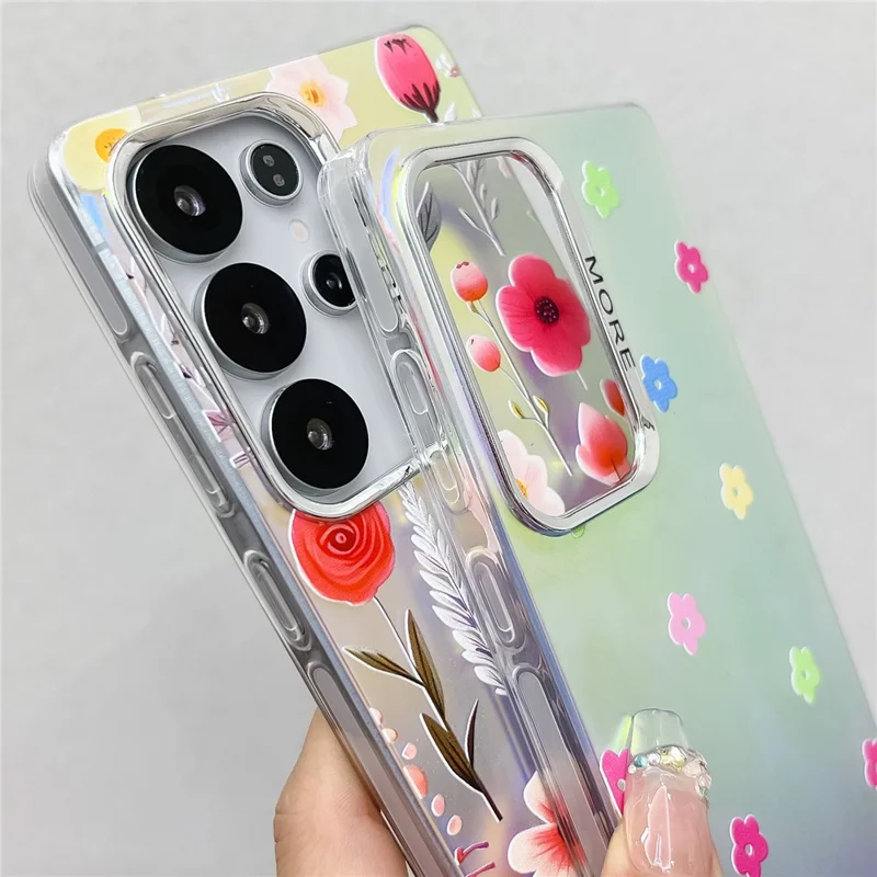 For Samsung Galaxy S25 Ultra Case Floral Pattern Electroplating Laser Texture TPU + PC Phone Back Cover - AF1
