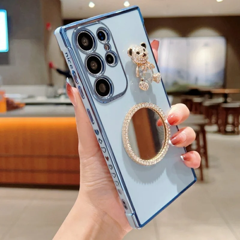 For Samsung Galaxy S24 Ultra Case Love Heart Pattern Electroplated TPU Phone Cover with Small Bear and Mirror - Blue