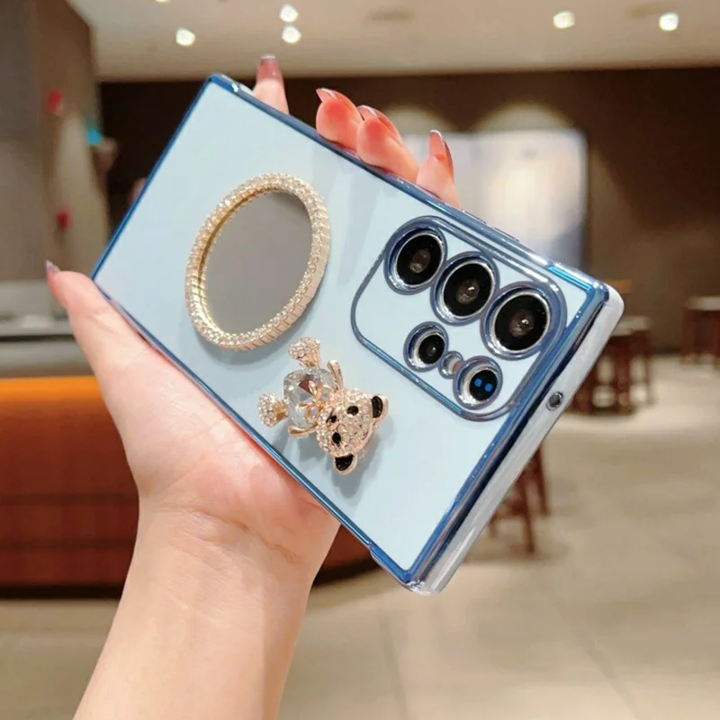 For Samsung Galaxy S24 Ultra Case Love Heart Pattern Electroplated TPU Phone Cover with Small Bear and Mirror - Blue
