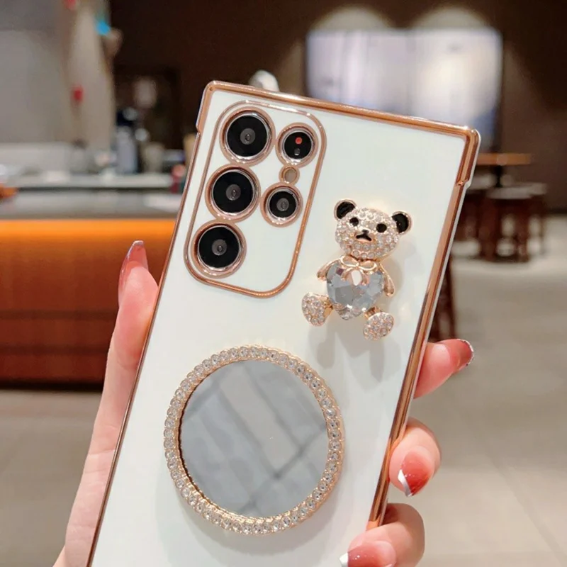 For Samsung Galaxy S24 Ultra Case Love Heart Pattern Electroplated TPU Phone Cover with Small Bear and Mirror - Blue