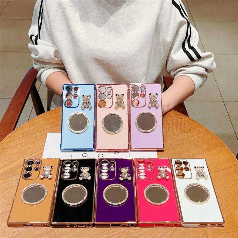 For Samsung Galaxy S24 Ultra Case Love Heart Pattern Electroplated TPU Phone Cover with Small Bear and Mirror - Blue
