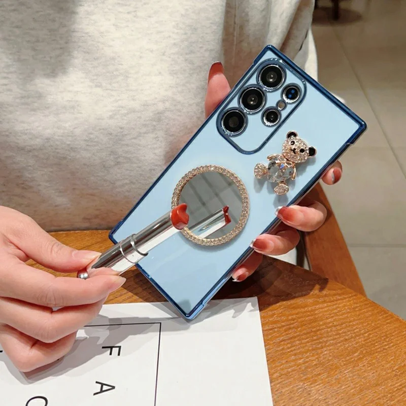 For Samsung Galaxy S25 Ultra Case Love Heart Pattern Electroplated TPU Phone Cover with Small Bear and Mirror - Blue